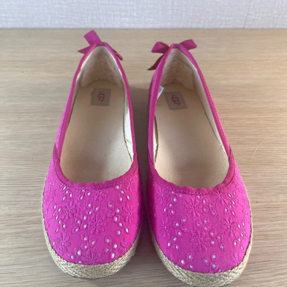 UGG Indah Ballet Flats Pink Eyelet Espadrille Bow Slip On Shoes Women's 6
